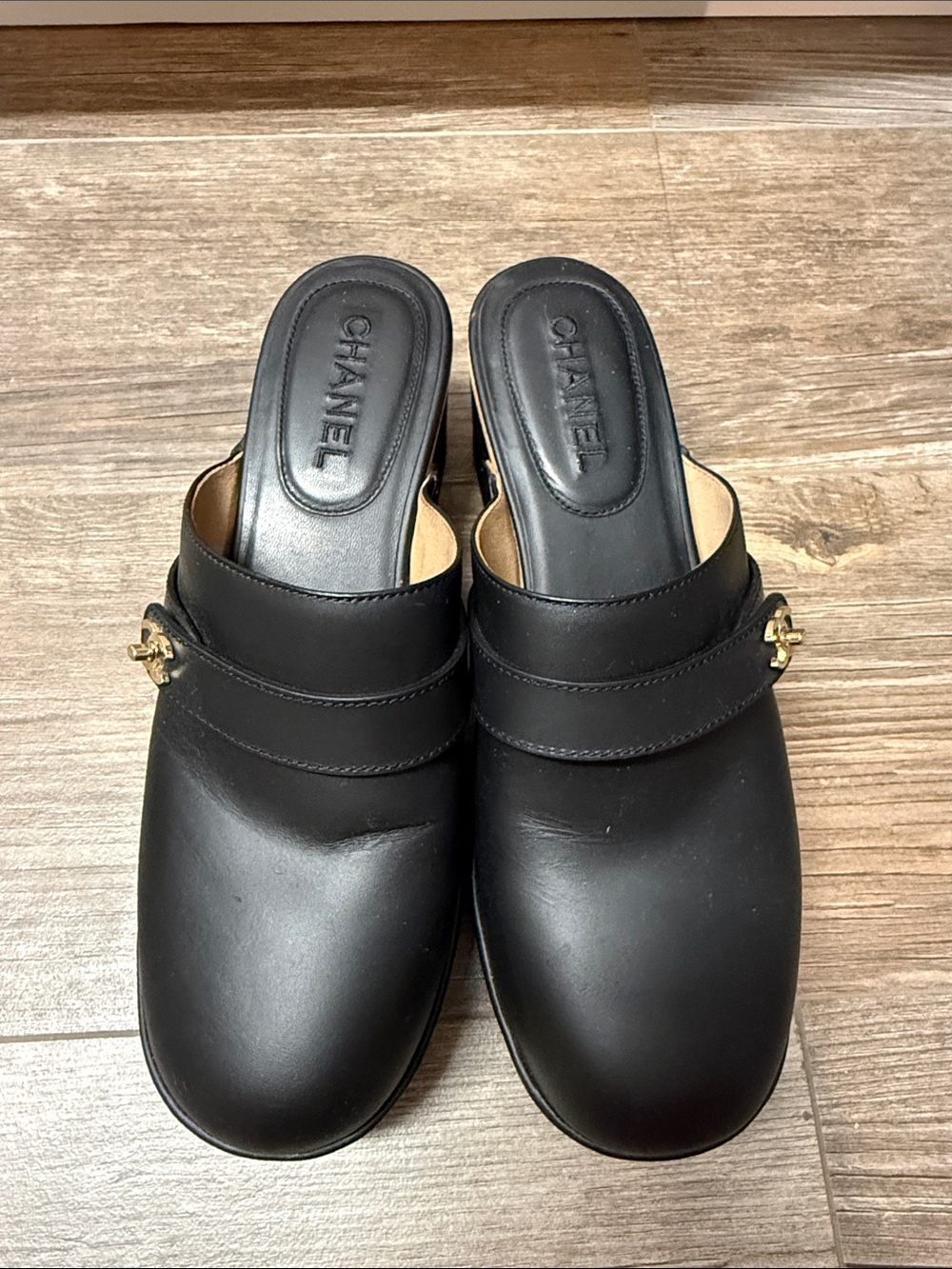 CHANEL Black Leather Slide Clogs with Gold CC Accents